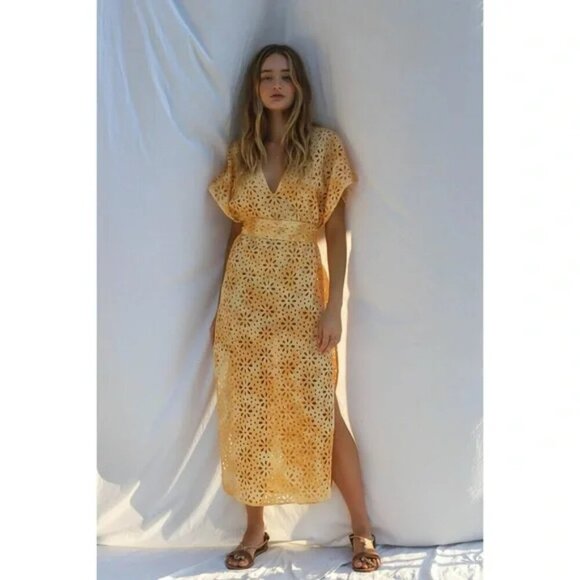 Jen’s Pirate Booty Shine On Kaftan Eyelet Maxi Dress Cover Up Yellow M / L - Picture 2 of 16